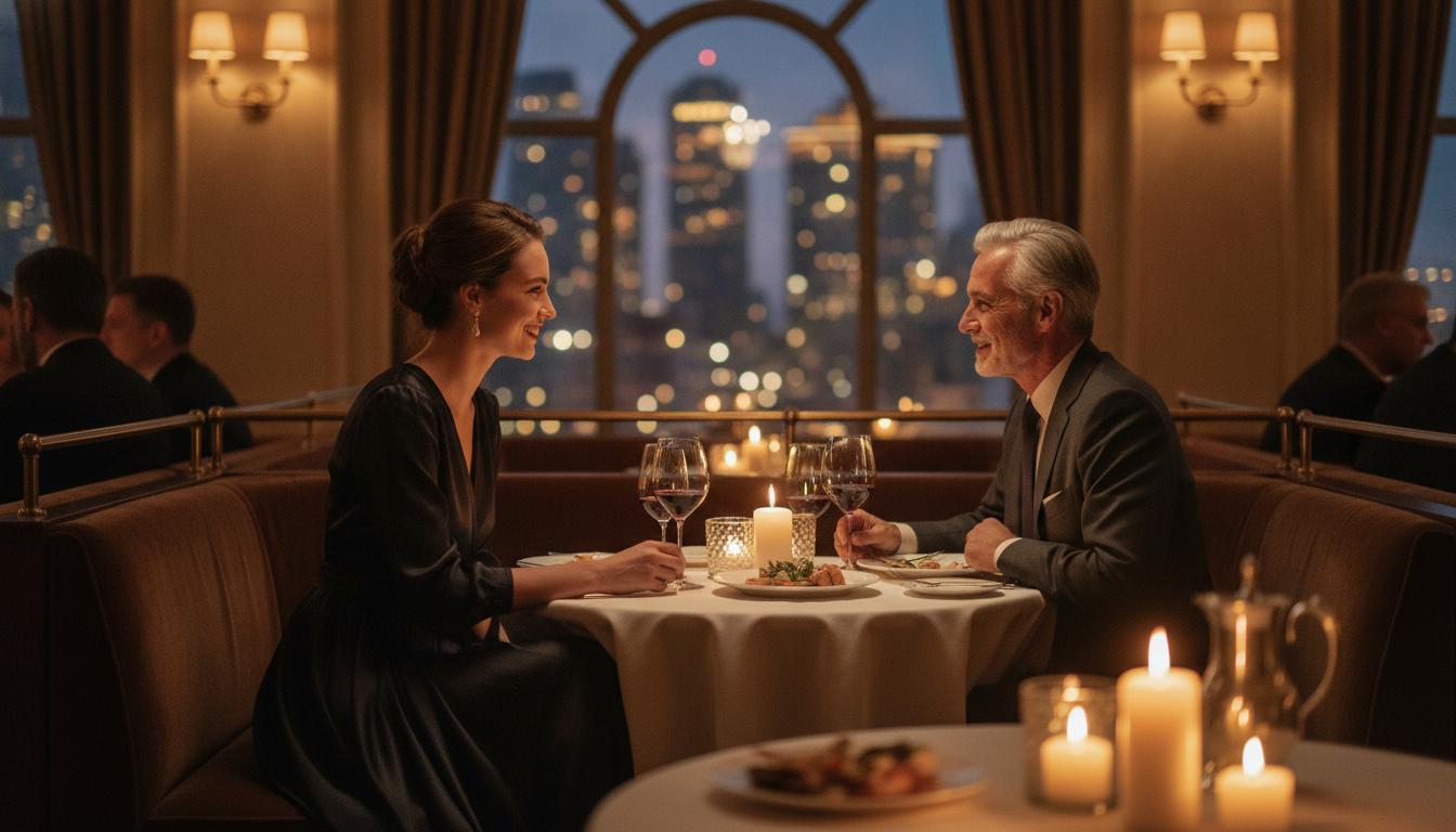 Elegantes Paar spricht bei Kerzenlicht in einem gehobenen Restaurant mit Stadtblick