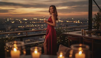 Selbstbewusste Frau genießt den Ausblick von einer Rooftop-Bar in der Abenddämmerung