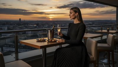 Mujer segura de sí misma disfruta de un bar en una azotea con vistas al skyline de Stuttgart al atardecer